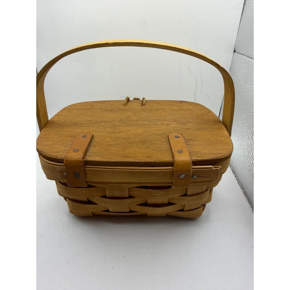 Longaberger 1987 Vintage Handwoven Small Wood Lid Basket with Handle Made in USA